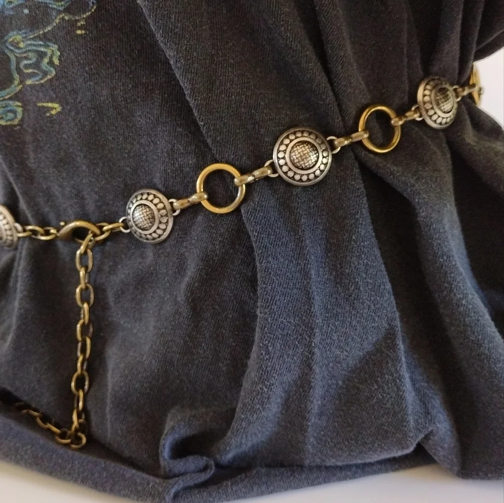 Fossil Brass Rings and Silver Buttons Chain Link Belt M